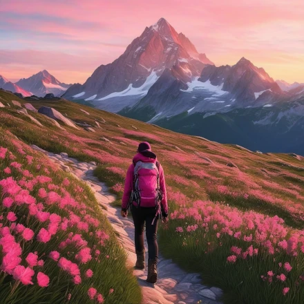 Dolomite Mountains in Italy, woild flowers, sunset