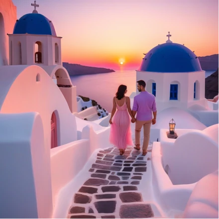Santorini at sunset with couple walking down stairs