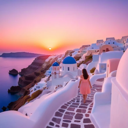 Santorini at sunset  lady walking down pathway