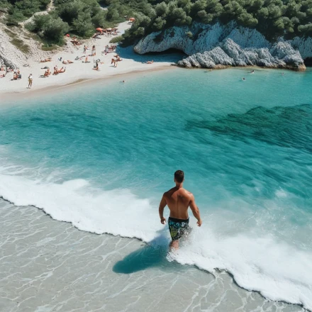 Albainian beach man entering water for swim