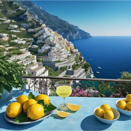 AmalfiCoast Italy view from balcany with glass of lemon juice