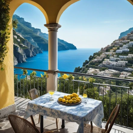 Amalfi Coast Italy view from different direction balcony with glass of lemon juice
