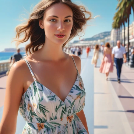 another lady strolling along the Promenade des Anglais in a flowy summer dress.,