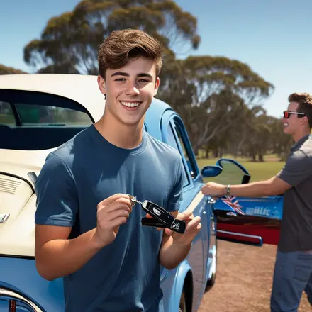 young man with keys to his first new car purchase