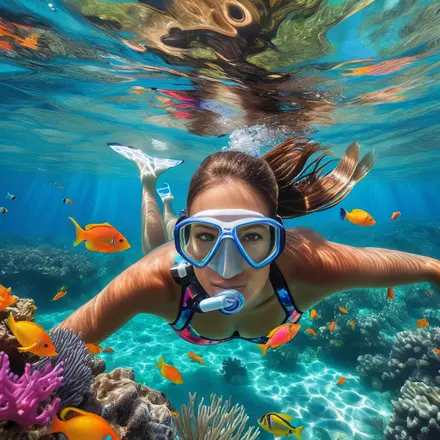 Woman snorkeling in crystal clear tropical waters surrounded by colorful fish and coral