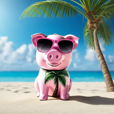 Piggy bank wearing sunglasses on tropical beach with palm trees