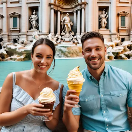 A couple enjoying gelato in front of the Trevi Fountain in Rome.
