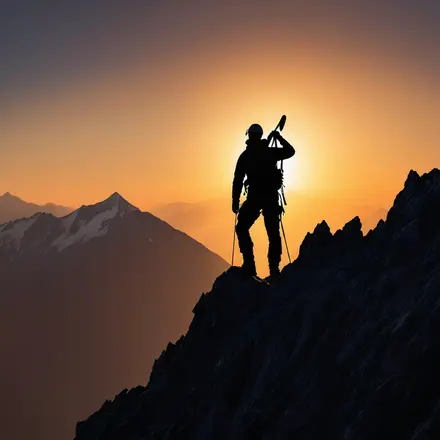 Sunset silhouette of a person standing triumphantly on a mountain peak