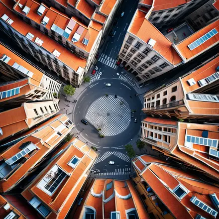 A birds-eye view of the winding streets of Barcelona's Gothic Quarter.