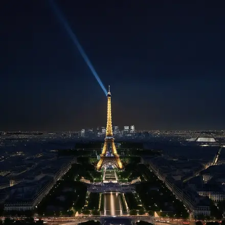 A panoramic view of the Eiffel Tower at night, illuminated against the Parisian skyline.