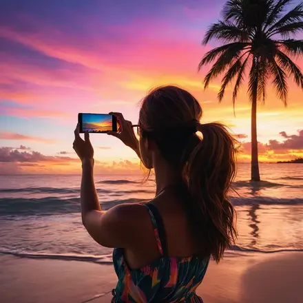 Woman taking another photo of stunning tropical beach sunset with palm trees silhouetted against colorful sky
