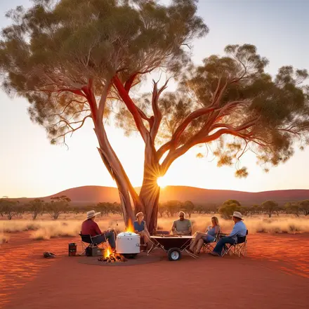 people in australian outback sitting around a fire at sunset