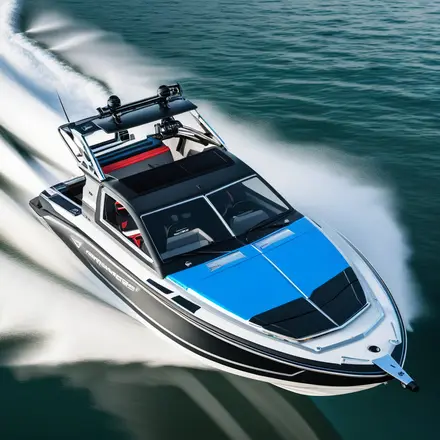 speed boat on water traveling at speed, blue & black 
