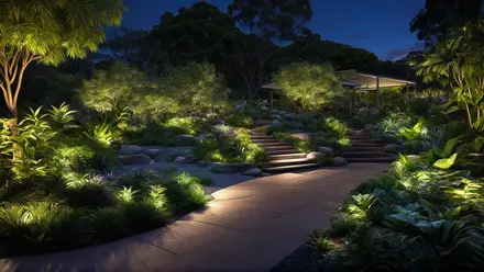 Australian Backyard lanscaped at night
