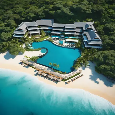 Aerial view of luxurious beach resort in Phuket with infinity pool overlooking turquoise ocean