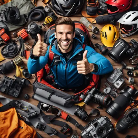 Happy extreme sports enthusiasts giving thumbs up, surrounded by various pieces of gear