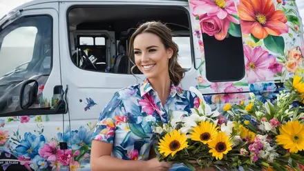 florist in front of her flower coverred work van