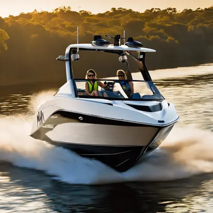 two people in speed boat eucalypts on bank of river