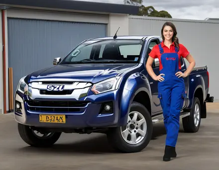 trades lady in front of his vehicle