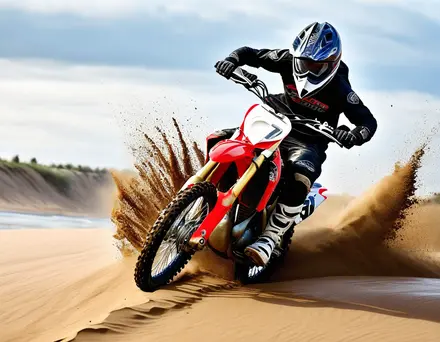 man ridding his dirt bike, dirt flying