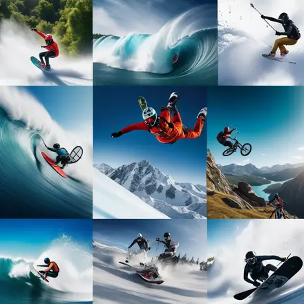 Collage of extreme sports: skydiving, big surf, mountaineering,snowboarding and skiing