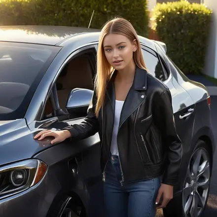 young lady standing bveside her first car
