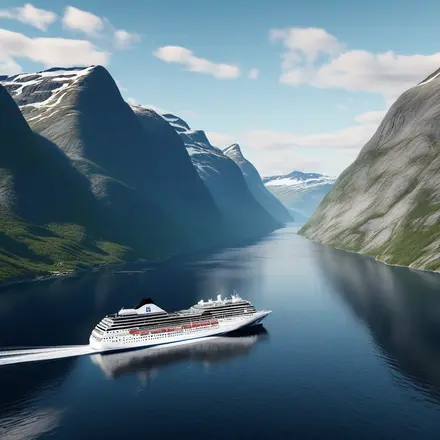 An aerial shot of the Norwegian fjords with a cruise ship for scale