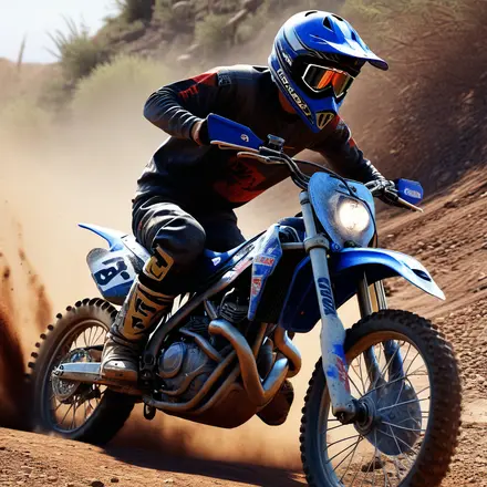 Australian man ridding his dirt bike on trail, dirt flying