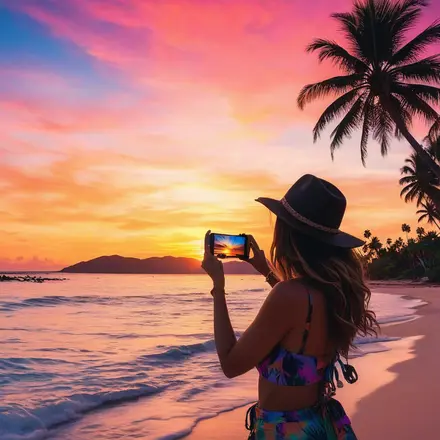 Woman taking photo of stunning tropical beach sunset with palm trees silhouetted against colorful sky