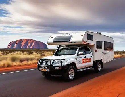 campervan driving on road in front of uluru