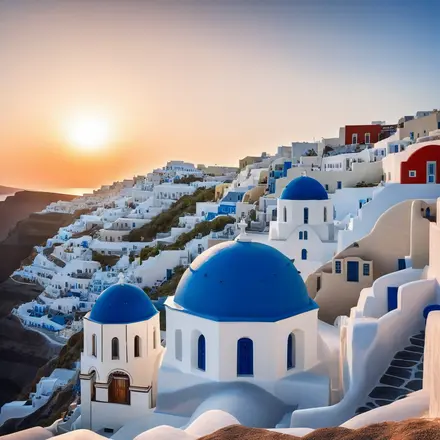A stunning sunset over Santorini, Greece, with whitewashed buildings and blue domes.