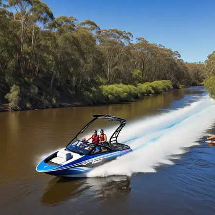 speed boat on river eucalypts on bank