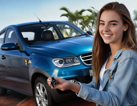Girl Sitting Beside her new blue car