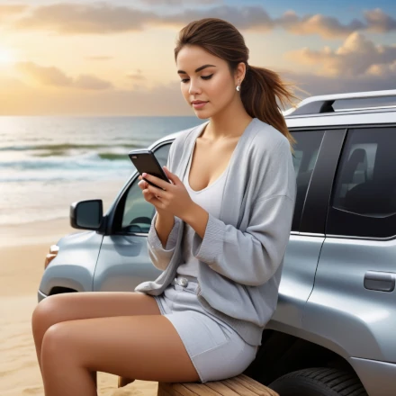 Aussieyoung lady sitting beside her car at beach