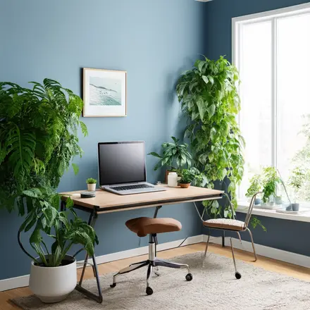 Home office with calming blue and green color scheme