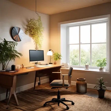Home office with layered lighting including desk lamp and pendant light
