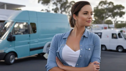 Self employed lady standing by van