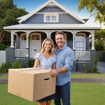 a family Mum ans Dad in front of new home with moving box in hand