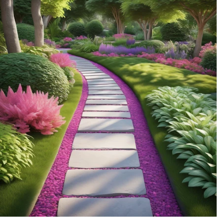 frontyard with landscaped pathway zen style large blocks with stone