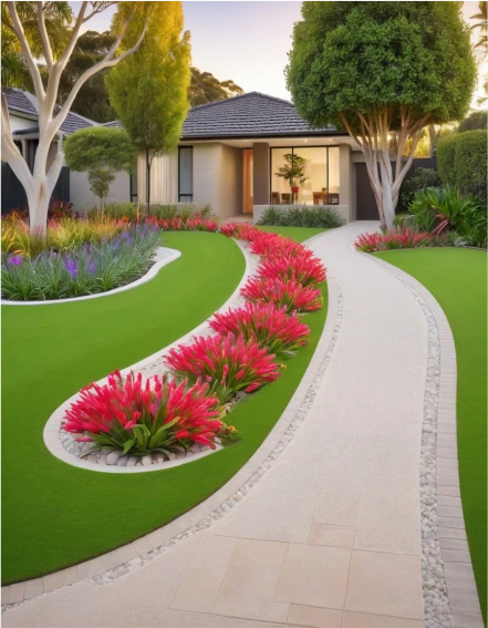 frontyard with landscaped pathway small blocks with flower lining