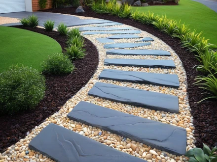 frontyard with landscaped pathway slate pavers pebbles
