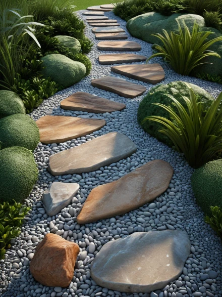 frontyard with landscaped pathwaysandstone pavers plants