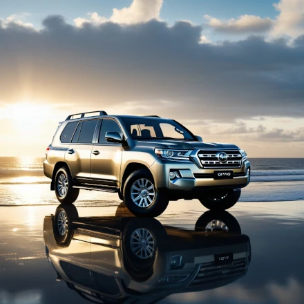 Gold 4X4 or SUV on beach with sunlight effect