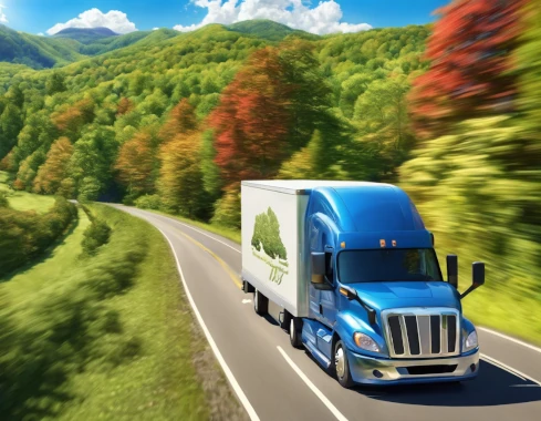 Large Removalist truck traveling down road surrounded by trees