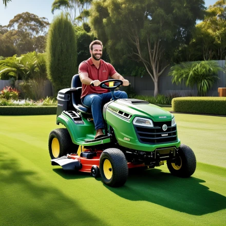 man sitting on a green ride on mower small lawn