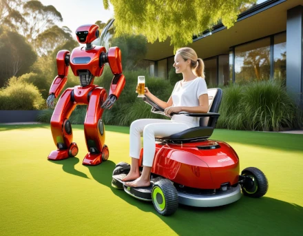robot giving home owner a beer after the robot mowed the lawn