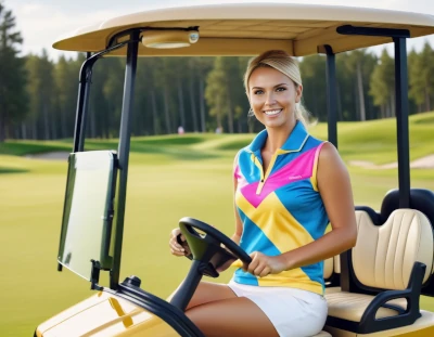 lady sitting in yellow golf cart