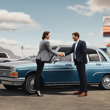 Two people shaking hands in front of a used car, representing a private party vehicle sale